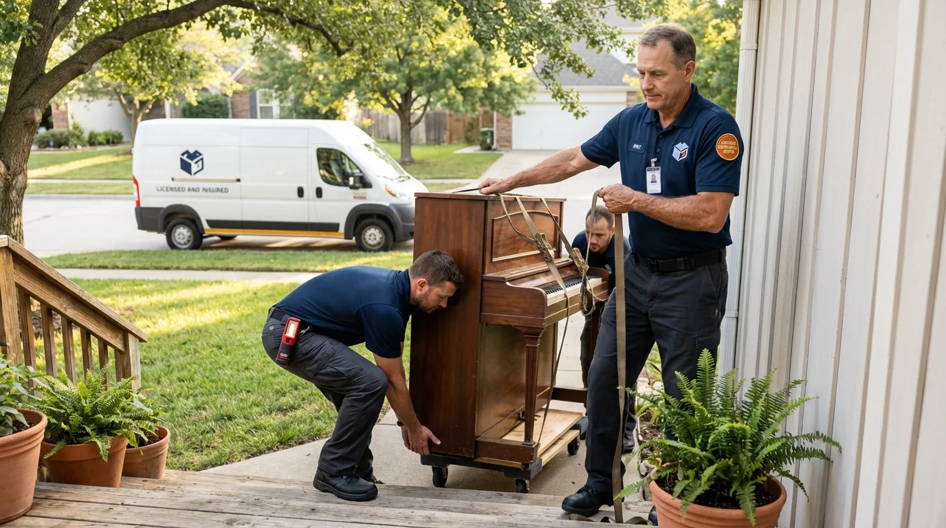 Licensed piano movers securing grand piano in Clawson, MI