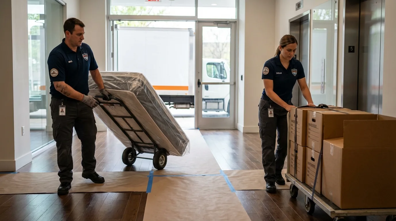 Professional apartment movers loading elevator in Clawson, MI